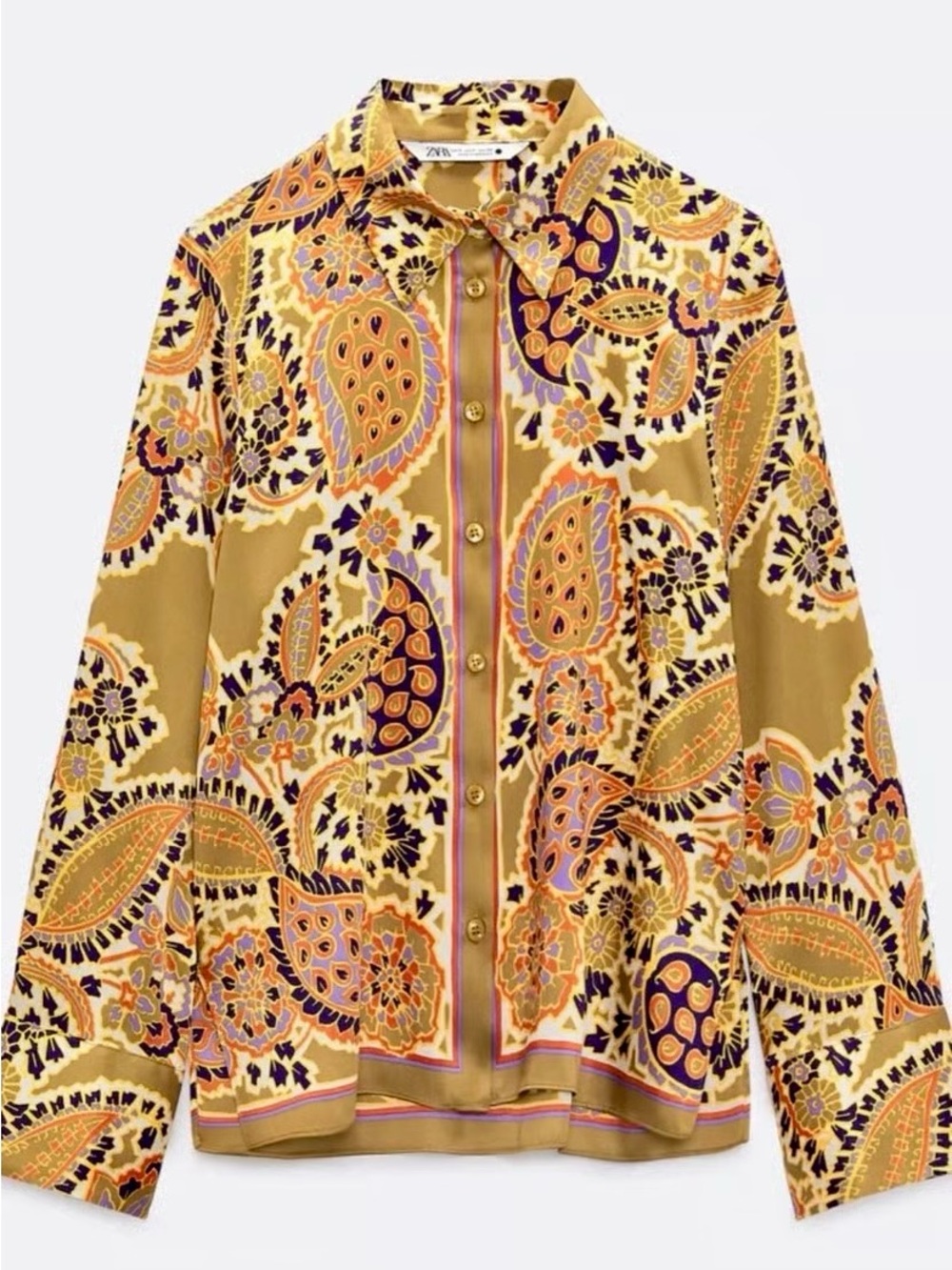 ZARA Colorful Mustard Paisley Button-Down Shirt Silky Womens Top